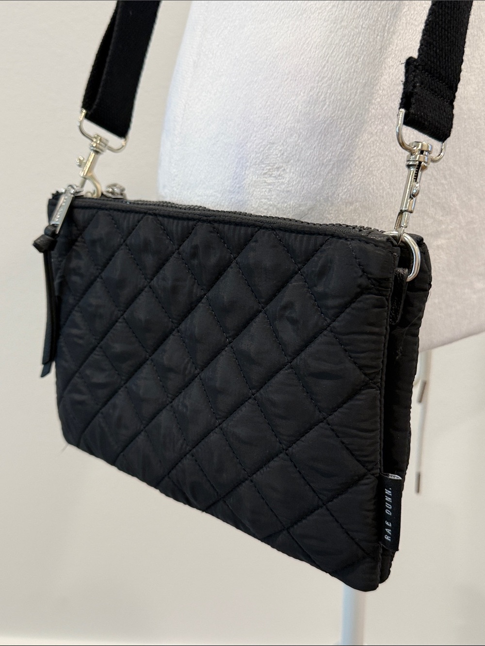 Rae Dunn Quilted Crossbody Black Adjustable Strap Zipper Closure Casual Purse